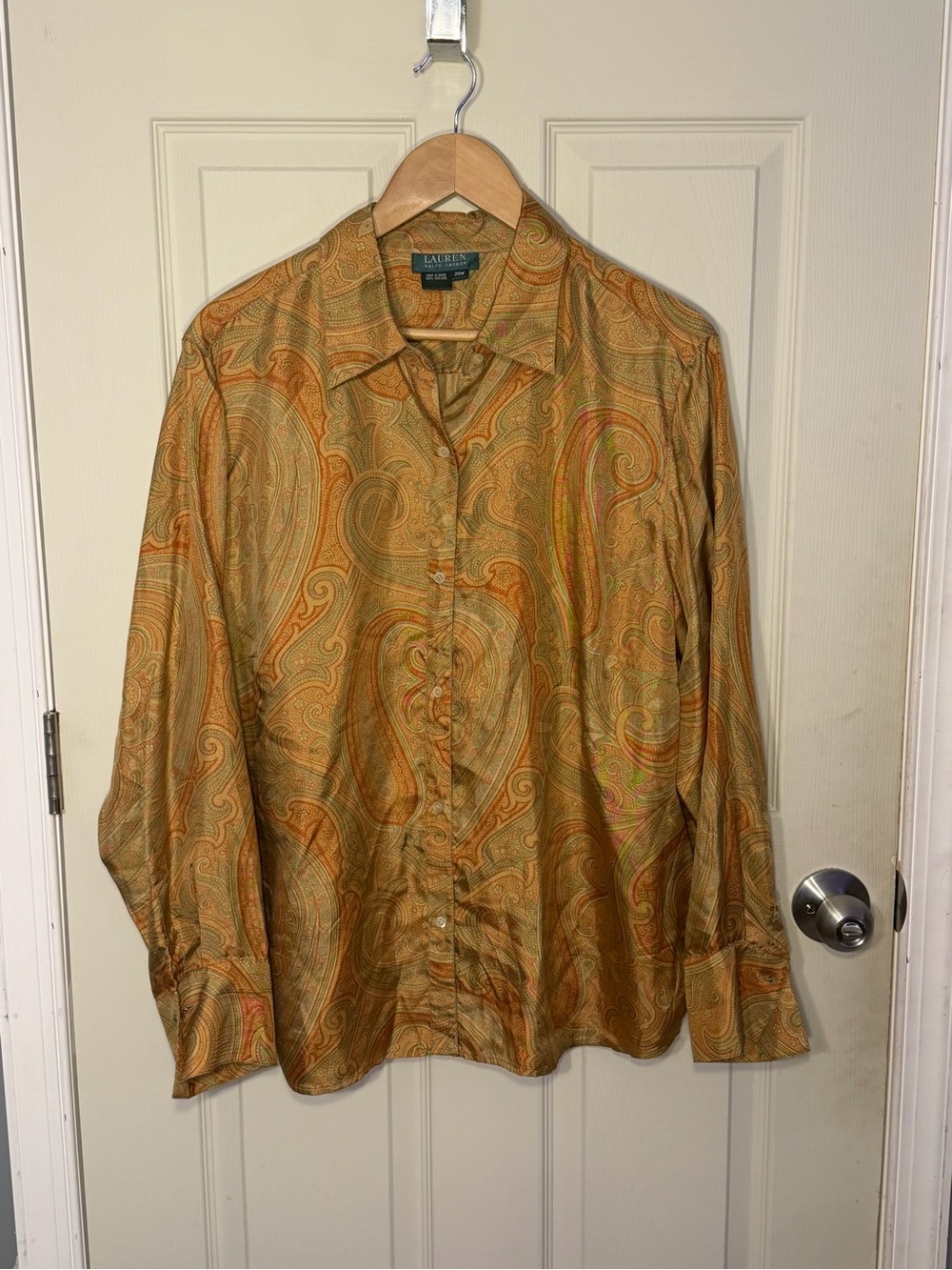 Lauren Ralph Lauren Women’s Gold Paisley Button-Down 100% Silk Shirt